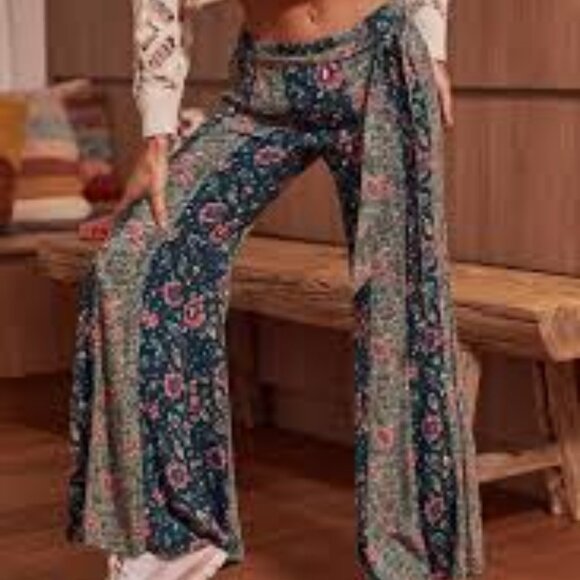Free People Bali Sultry Boho Floral Flare Pants Teal Pink Green M Perfect Gift - Picture 3 of 13